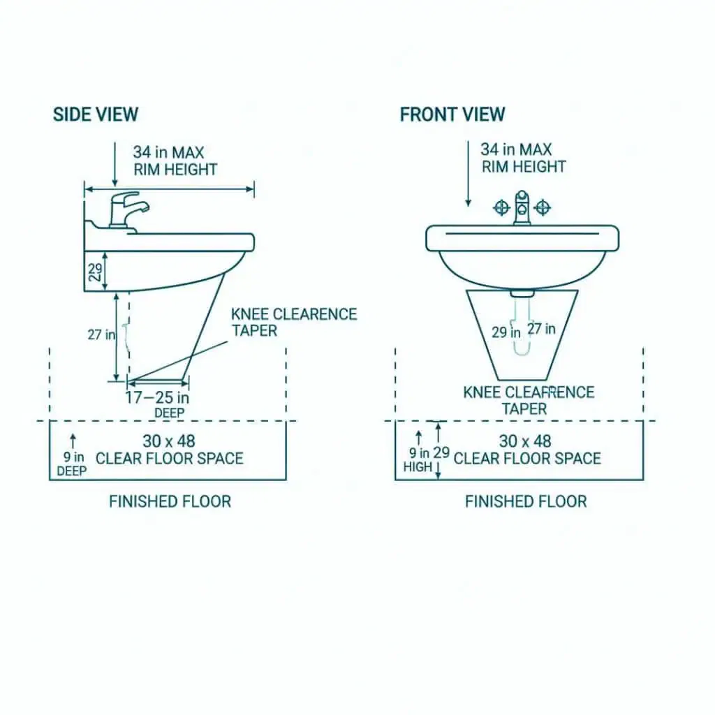 Diagram of an accessible restroom sink showing finished-floor measurements for sink height, clear floor space, knee clearance, and toe clearance under ADA and CBC 11B