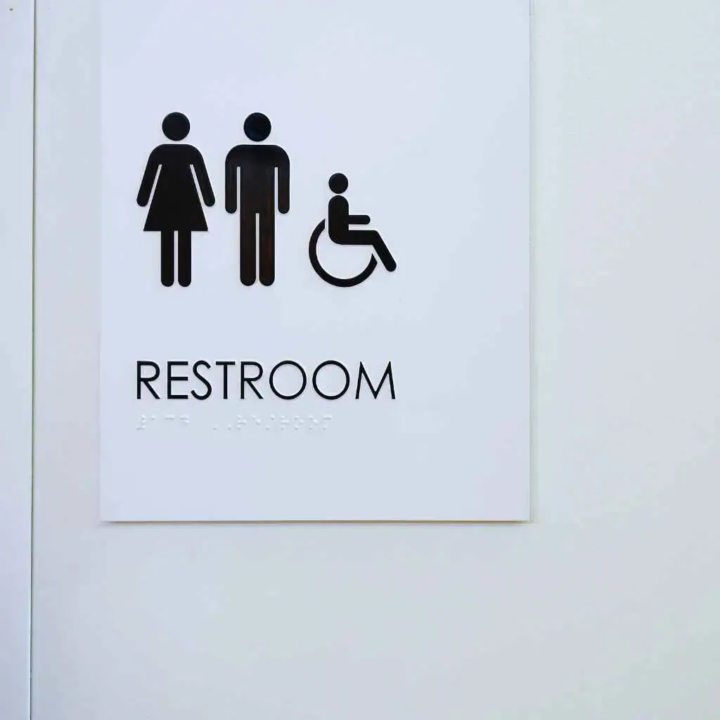 ADA-compliant restroom sign showing male, female, and wheelchair-accessible symbols — representing proactive accessibility measures and compliance inspections in Fresno, California.