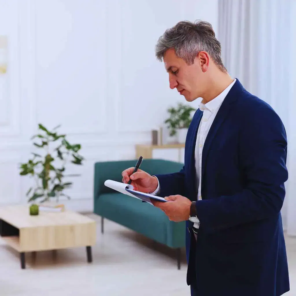 A CASp inspector observes an interior space and takes notes on accessibility conditions during a California building compliance assessment.