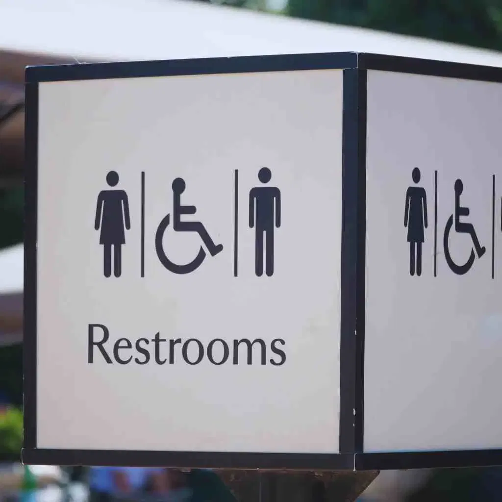 Close-up of a public restroom sign with icons for women, men, and wheelchair access, symbolizing ADA and Title 24 restroom accessibility standards in California