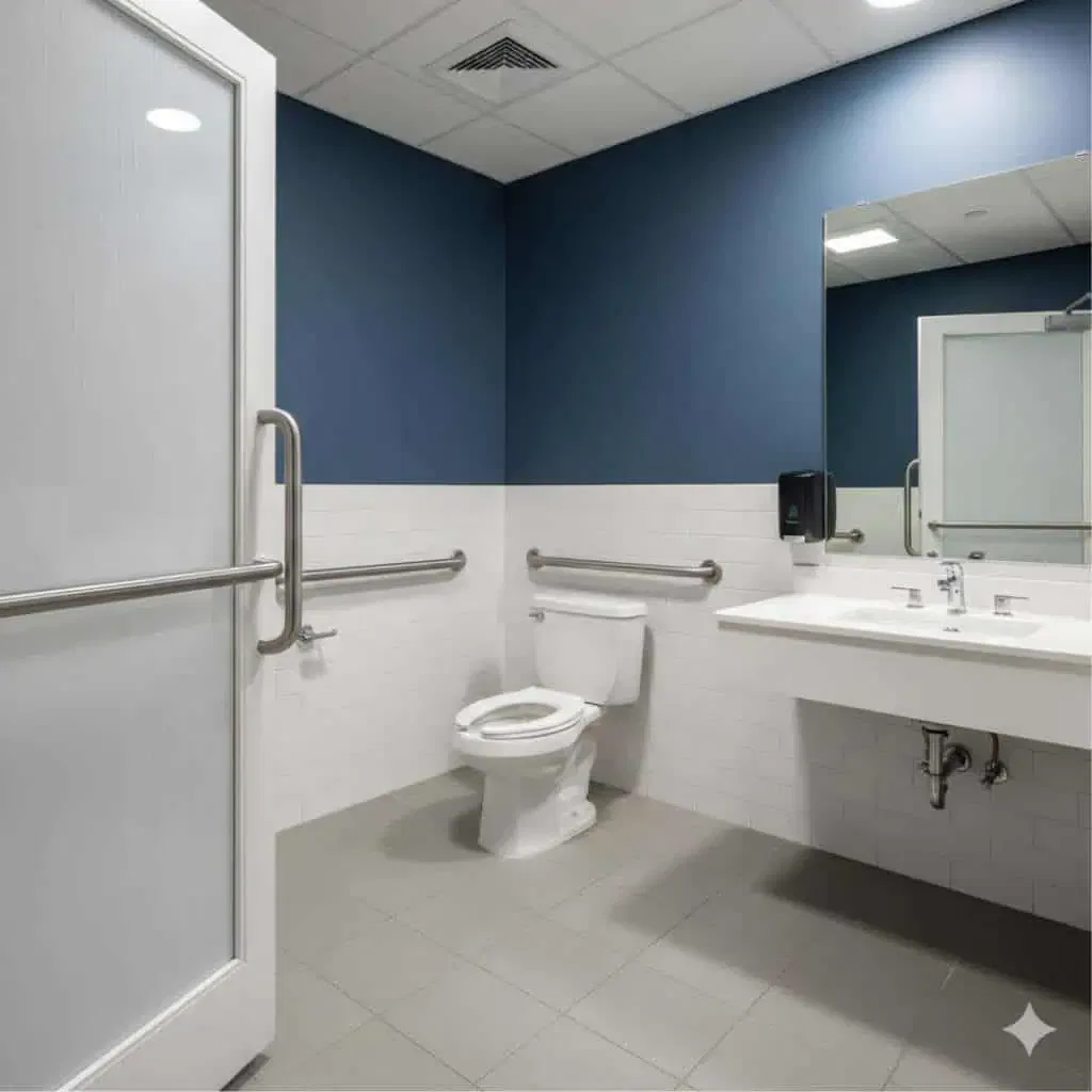 Accessible hotel bathroom featuring the required 60-inch minimum clear width for a roll-in shower stall, complete with a folding seat, vertical grab bar, and wall-mounted sink. The image highlights floor space for wheelchair maneuverability.
