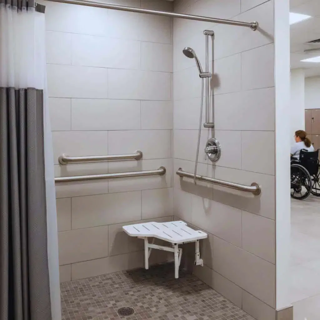 ADA Compliant Shower with Grab Bars and Folding Seat