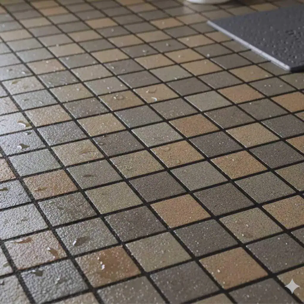 A technical diagram of an ADA-compliant shower floor showcasing slip-resistant tile texture. The image highlights requirements under CBC Title 24 Section 11B-608.10 for firm, stable, and slip-resistant surfaces, featuring matte-finish mosaic tiles with frequent grout lines for enhanced traction in wet conditions.