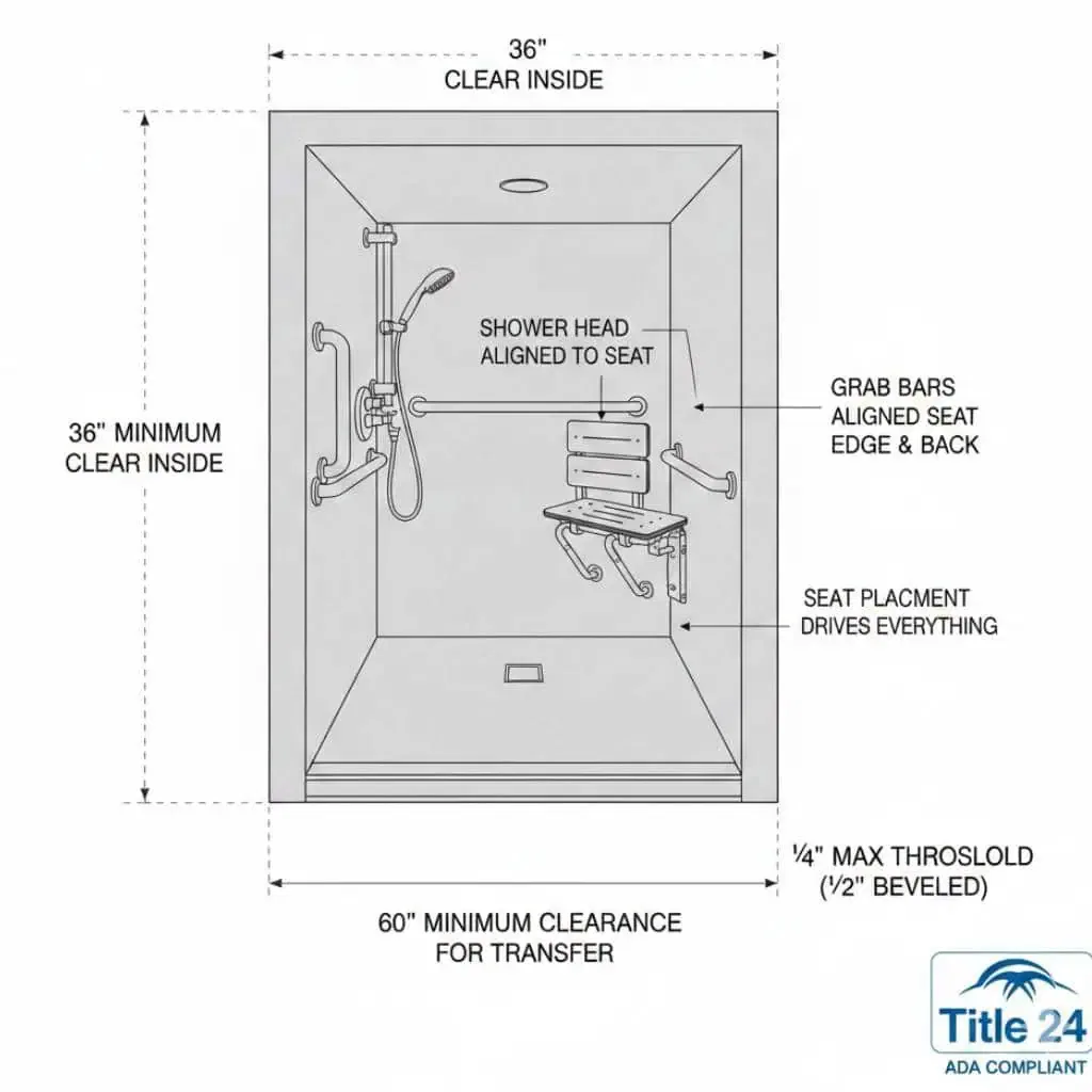 A technical 3D diagram of a California ADA Title 24 compliant transfer shower showing 36-inch by 36-inch interior dimensions, a 60-inch exterior clearance zone, and an L-shaped seat. The diagram includes labels for grab bar alignment, shower head placement relative to the seat, and threshold height limits.