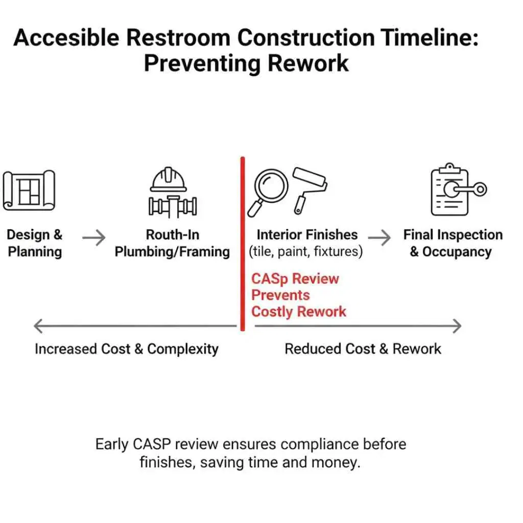 Timeline showing when a CASp review is most effective during commercial restroom construction before finishes and final inspection