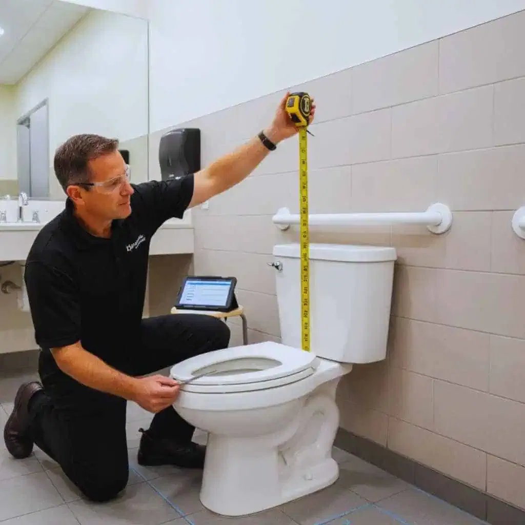 bathroom showing ADA toilet height measured during a California accessibility inspection