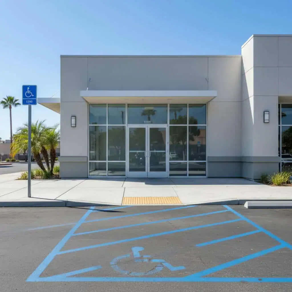 California commercial building entrance showing accessible parking stall, curb ramp, sidewalk path, and front door in sequence