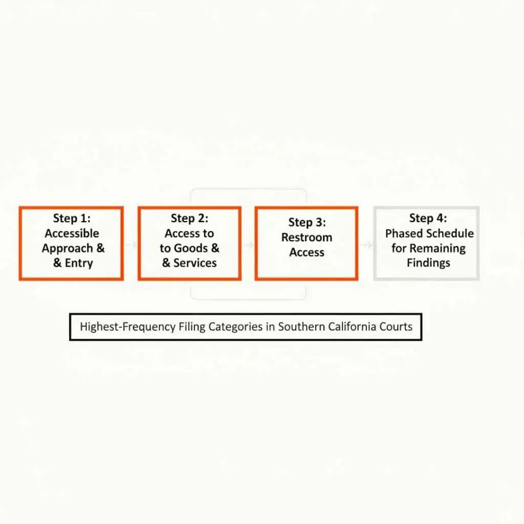 Four-step California remediation sequence with steps one through three marked as high-litigation priority categories
