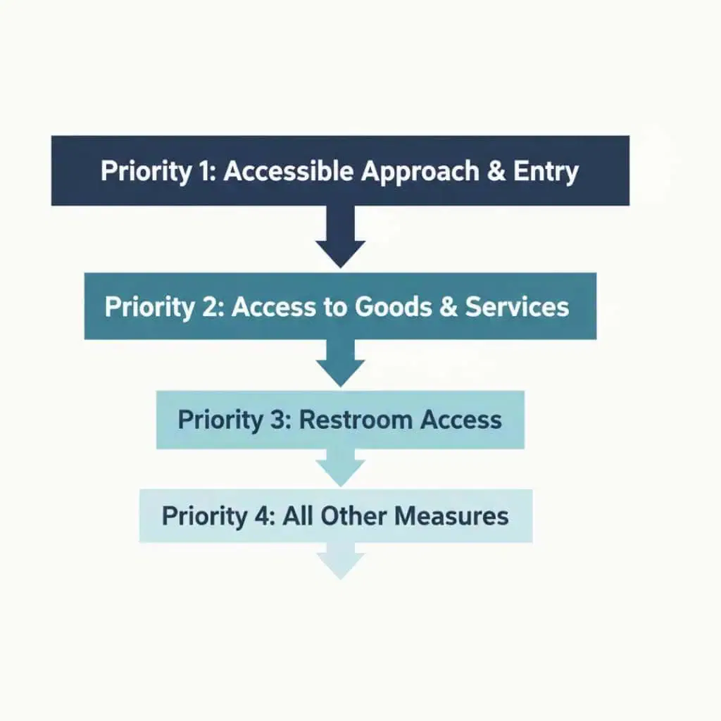 our-tier DOJ barrier removal priority diagram showing accessible approach first, goods and services second, restrooms third, remaining barriers fourth