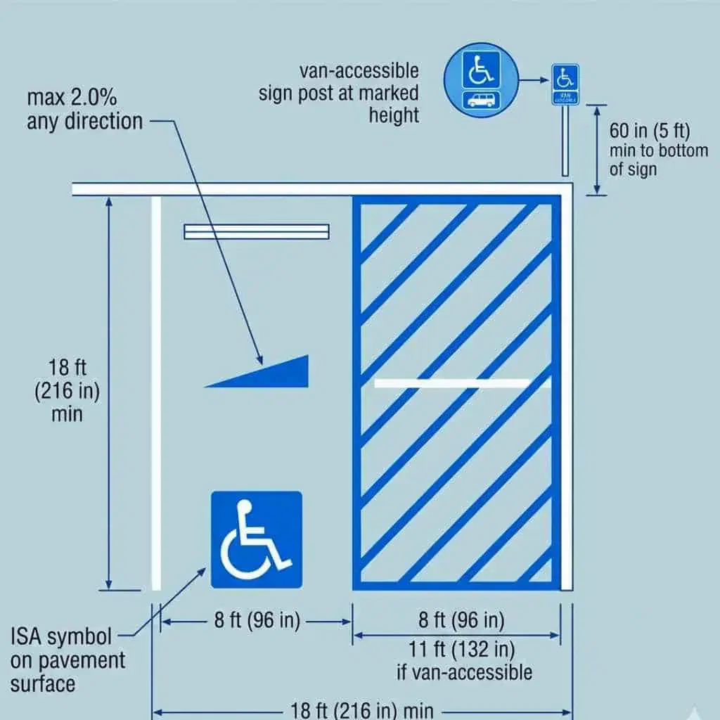 Overhead diagram of a compliant accessible parking space showing 2.0% maximum slope, access aisle width, van-accessible sign height requirements, and ISA pavement symbol placement.