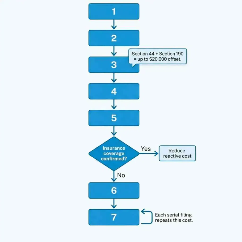 Seven-step ROI calculation flowchart for CASp inspection in California, showing tax incentive offset at Step 3 and insurance coverage decision branch at Step 5.