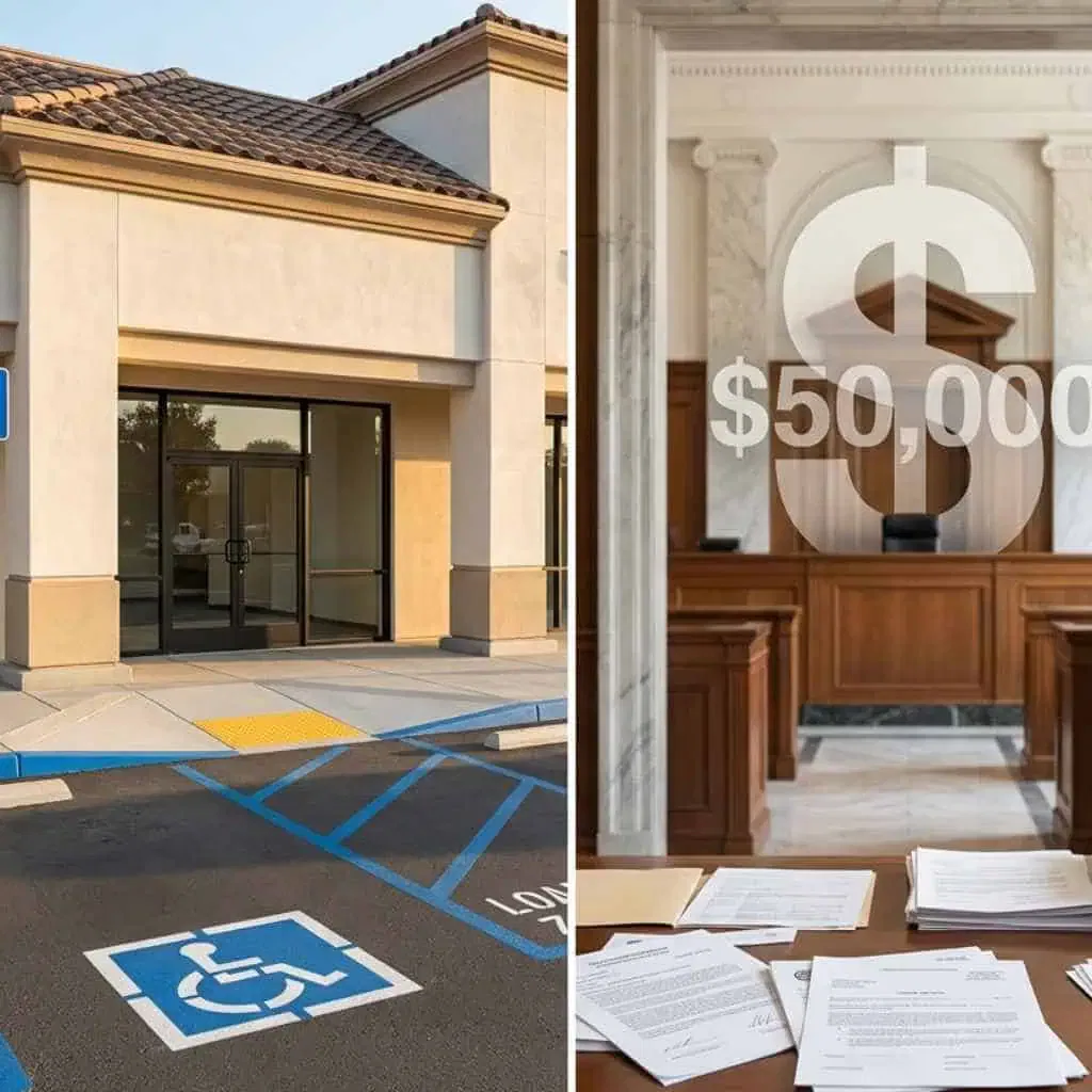 California commercial property showing accessible parking and entrance ramp on one side, courthouse and legal documents on the other, illustrating CASp inspection versus ADA lawsuit costs.