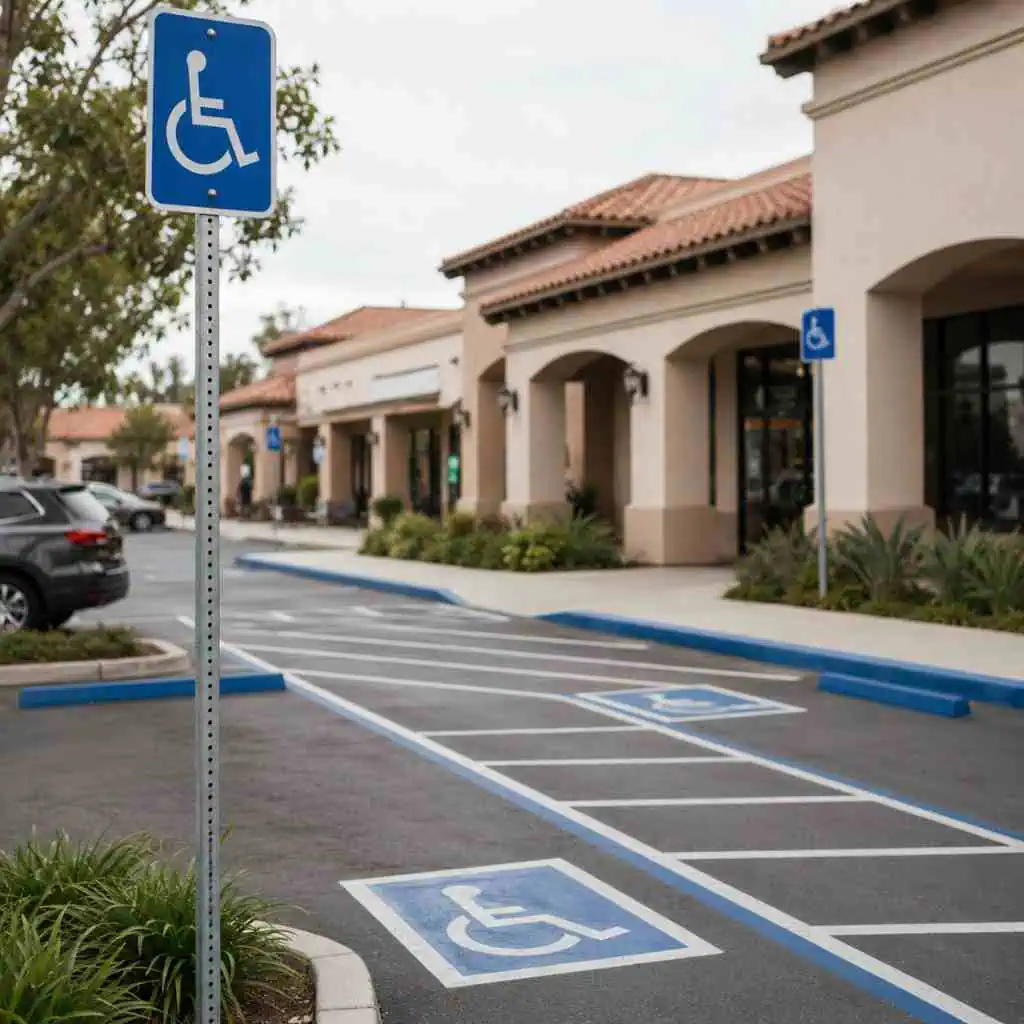 Southern California strip mall parking lot with accessible parking stalls, ISA signage, and blue curb markings viewed from street approach