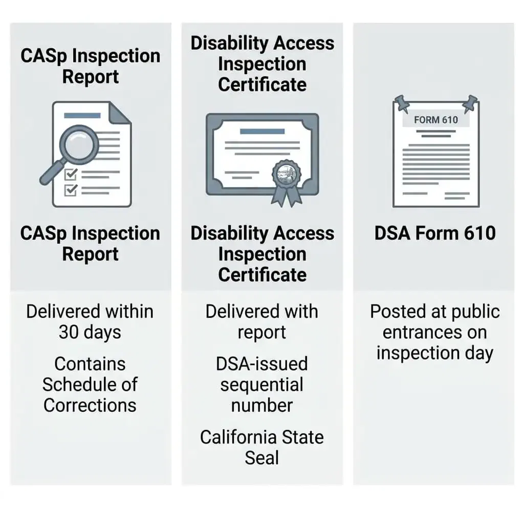 Diagram showing the three documents produced by a CASp inspection: the inspection report, Disability Access Inspection Certificate, and DSA Form 610, with their respective timelines.
