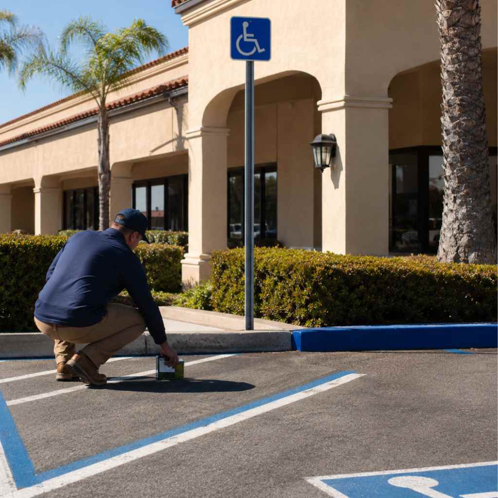 Accessibility inspector measuring parking space slope at a California commercial building with accessible signage visible