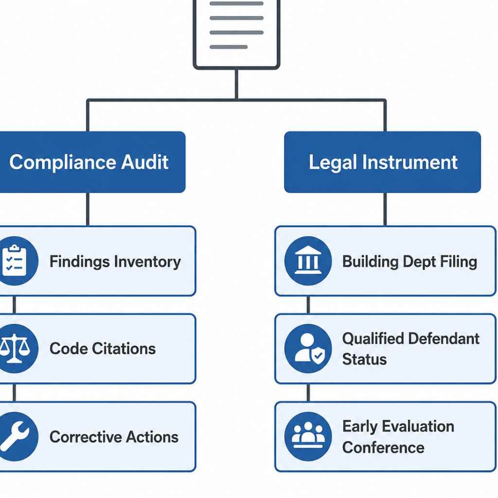 Diagram showing a CASp report branching into compliance audit and legal instrument functions with sub-elements under each
