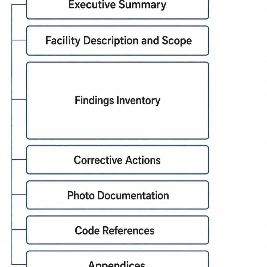 Vertical diagram showing seven sections of a CASp report from executive summary through appendices with findings inventory emphasized as the core section
