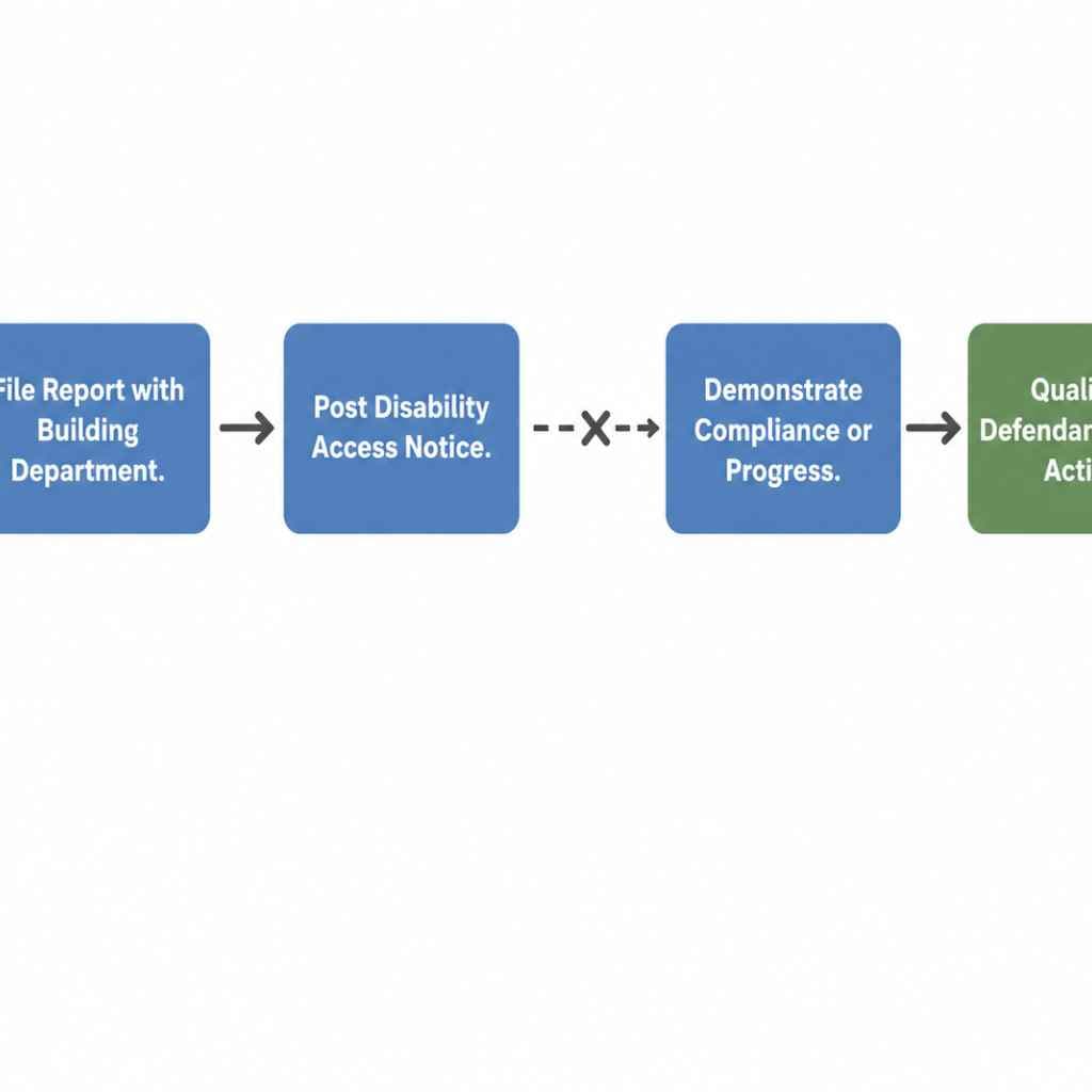 Process diagram showing three sequential steps from filing a CASp report to posting notice to demonstrating compliance, leading to qualified defendant status activation