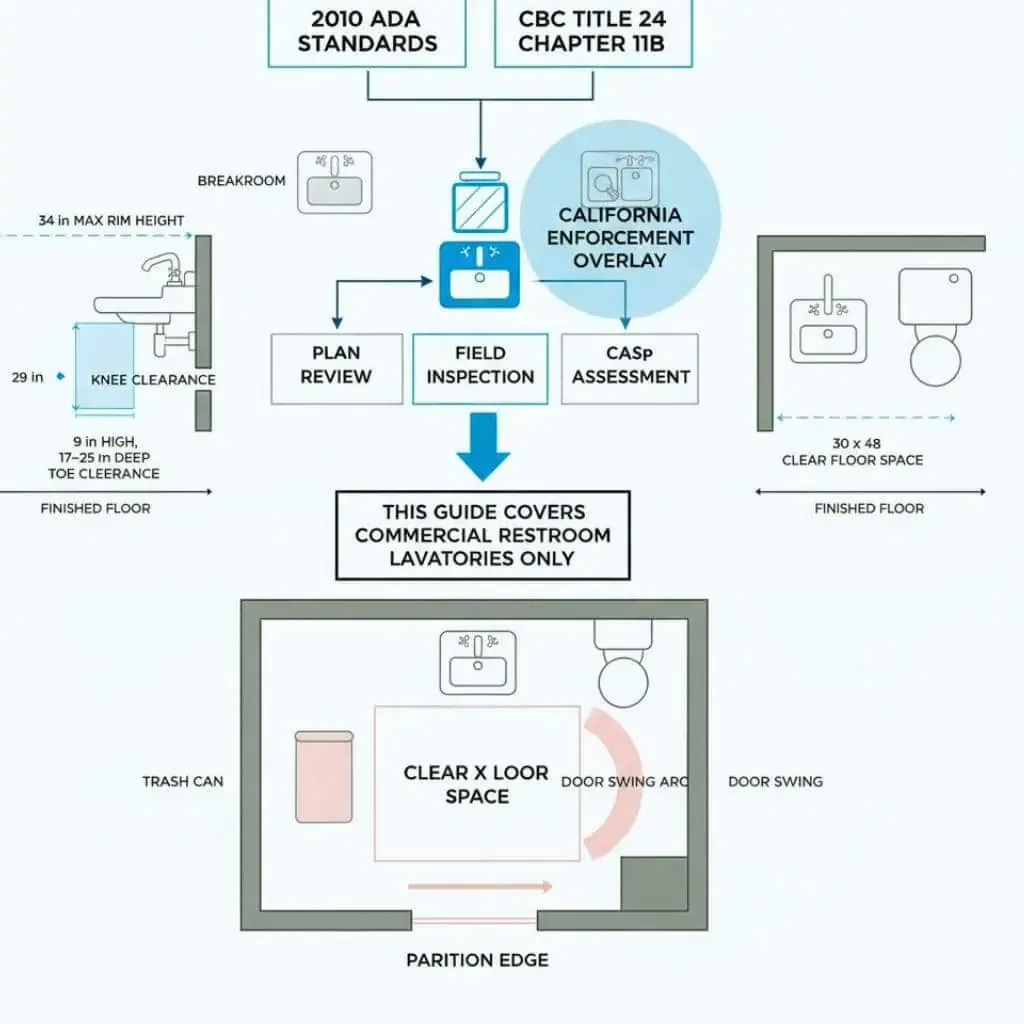 Top-down diagram of a lavatory with a 30-inch by 48-inch clear floor space and examples of door swing and trash can encroachments.