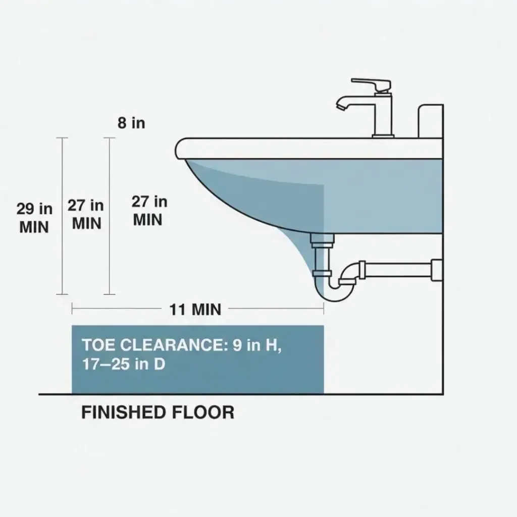 Diagram showing knee clearance under a lavatory with 29 inches minimum at the front, 27 inches minimum at 8 inches back, and 11 inches minimum depth.