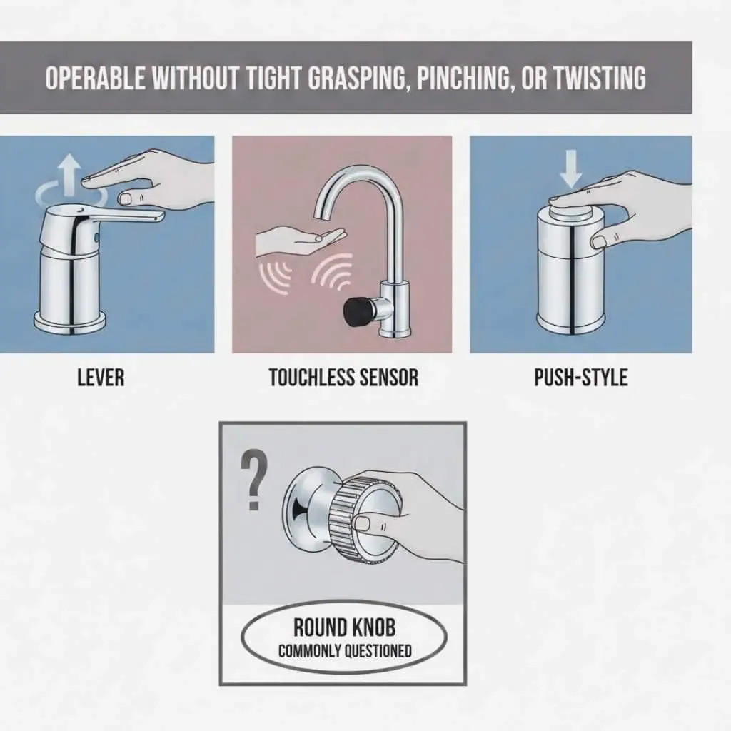 Graphic comparing faucet controls such as lever handles and touchless sensors versus round knobs, tied to ADA operable parts requirements.
