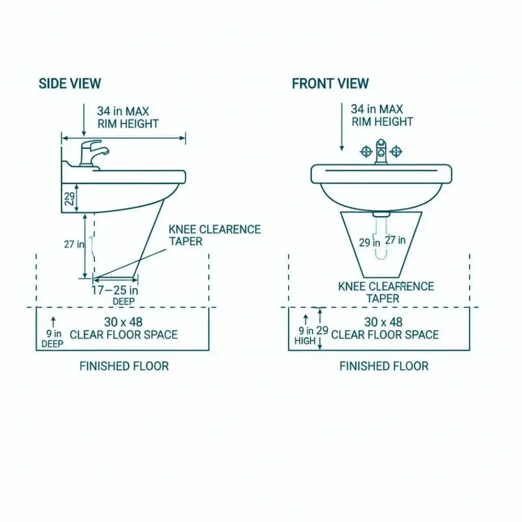 Diagram of an accessible restroom sink showing finished-floor measurements for sink height, clear floor space, knee clearance, and toe clearance under ADA and CBC 11B