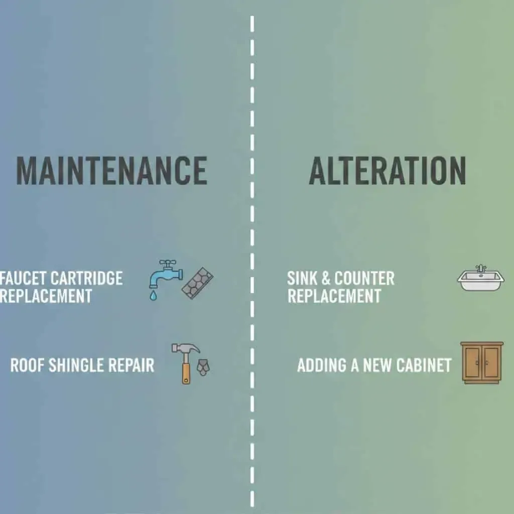 Chart showing examples of maintenance versus alteration work at restroom sinks and why alterations can trigger accessibility review of the installed condition.