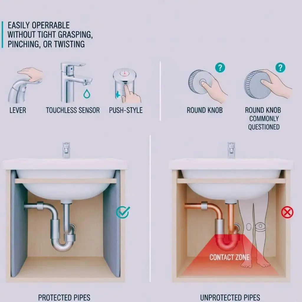Under-sink cutaway showing insulated or enclosed pipes versus exposed hot pipes and traps within the knee and toe clearance area.