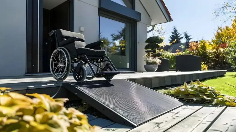 elderly person wheelchair using home ramp accessibility independent living 38013 89846