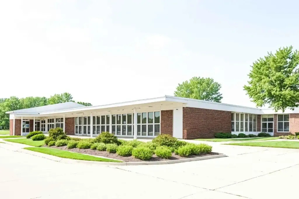 vecteezy modern brick building with large windows and green landscaping 48179506 1