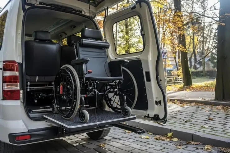 A wheelchair lift ramp deployed from a van in a designated accessible parking space surrounded by trees in California