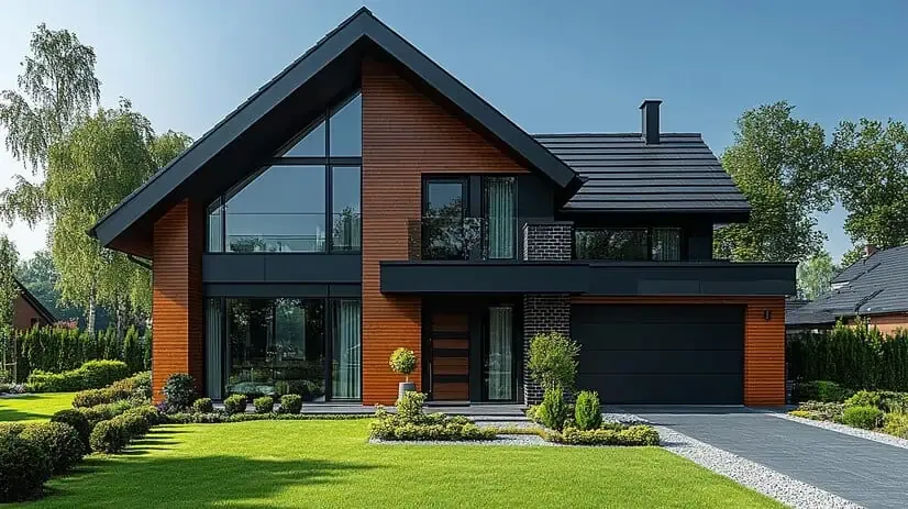 home with black roof wooden deck that has black roof 1103290 116815