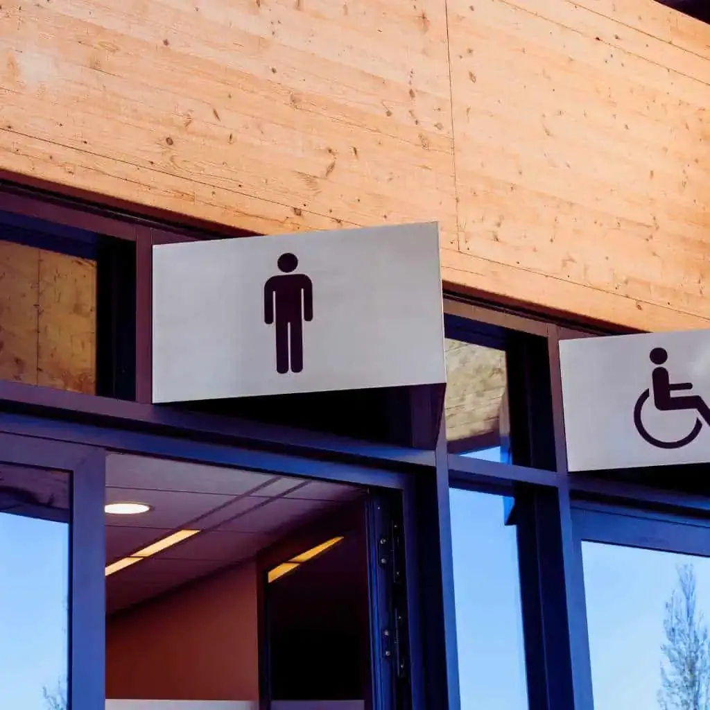 Restroom sign showing male, female, and wheelchair accessibility symbols in a commercial building