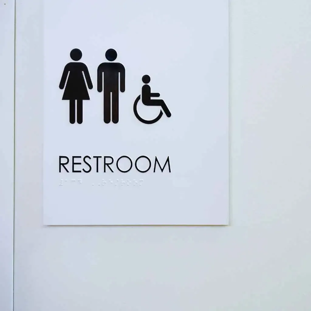ADA-compliant restroom sign showing male, female, and wheelchair-accessible symbols — representing proactive accessibility measures and compliance inspections in Fresno, California.