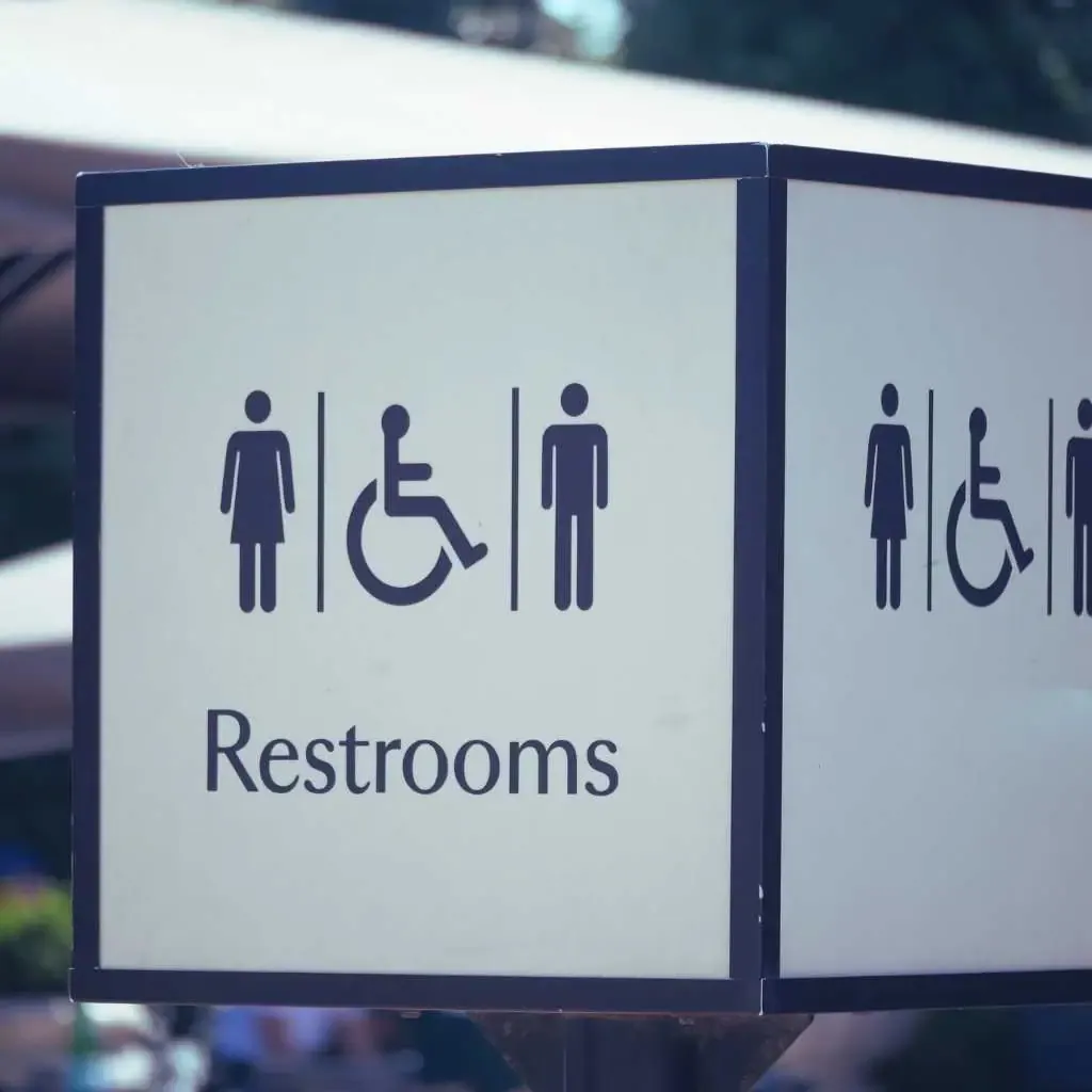 Public restroom sign showing male, female, and wheelchair-accessible icons under ADA guidelines