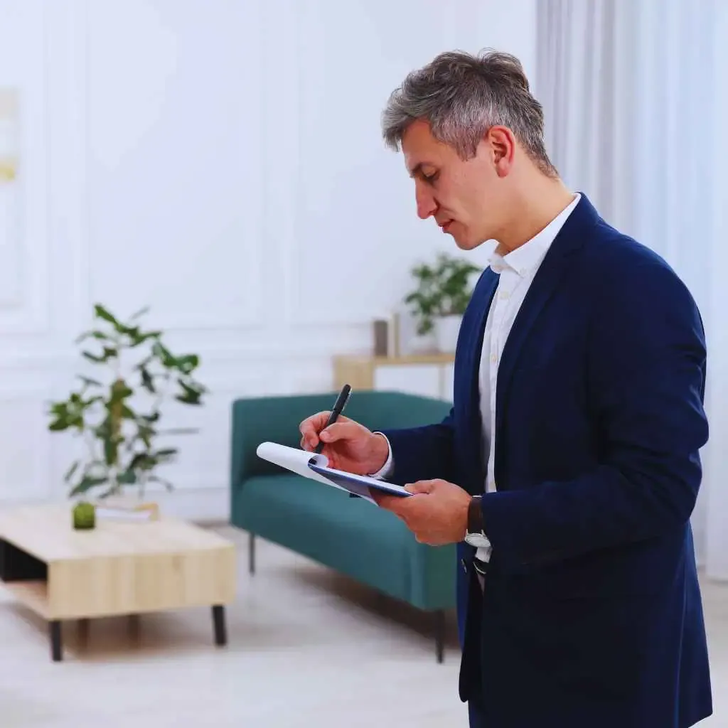 A CASp inspector observes an interior space and takes notes on accessibility conditions during a California building compliance assessment.