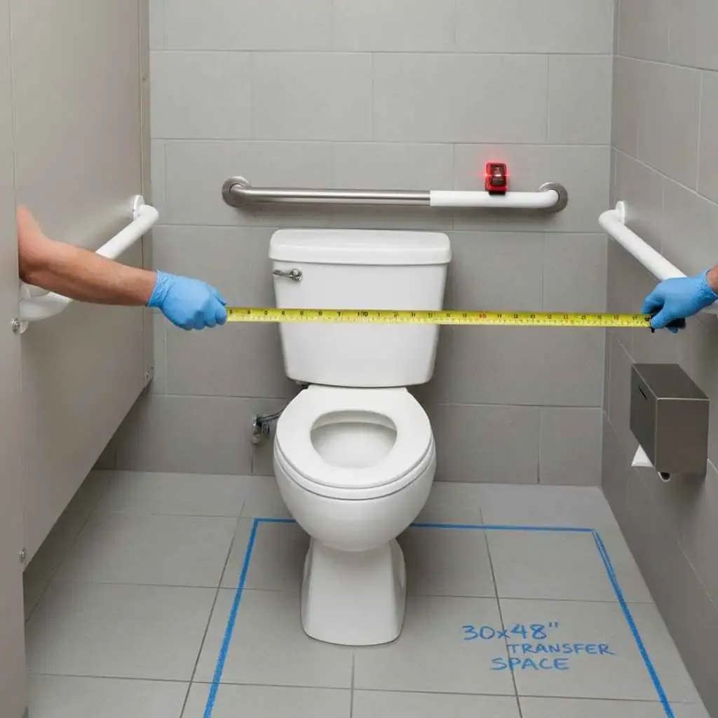 Commercial bathroom showing ADA toilet height and grab bar placement measured during a California accessibility inspection