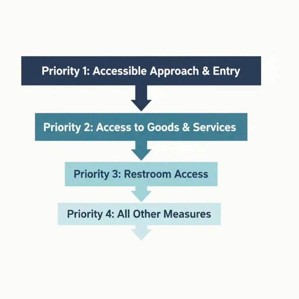 our-tier DOJ barrier removal priority diagram showing accessible approach first, goods and services second, restrooms third, remaining barriers fourth