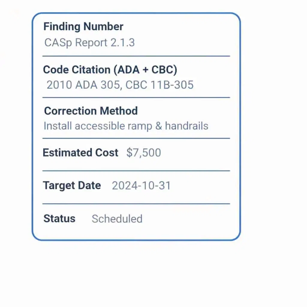 Single remediation schedule entry template showing six required fields including finding number, code citations, correction method, cost, target date, and status