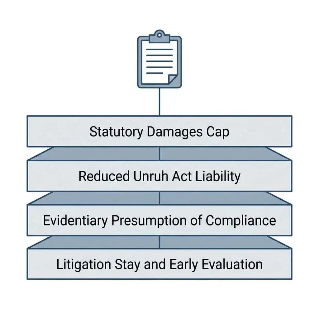 Four-layer diagram showing how a single CASp inspection activates the grace period, Qualified Defendant status, litigation stay, and reduced damages.