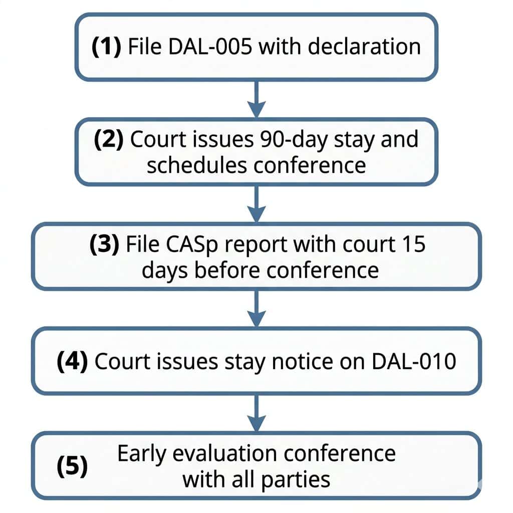 Civil Code §55.54 — CASp Inspection Grace Period and Litigation Protection in California 4 Flowchart showing the five-step DAL-005 filing sequence required to invoke the 90-day litigation stay under California Civil Code §55.54