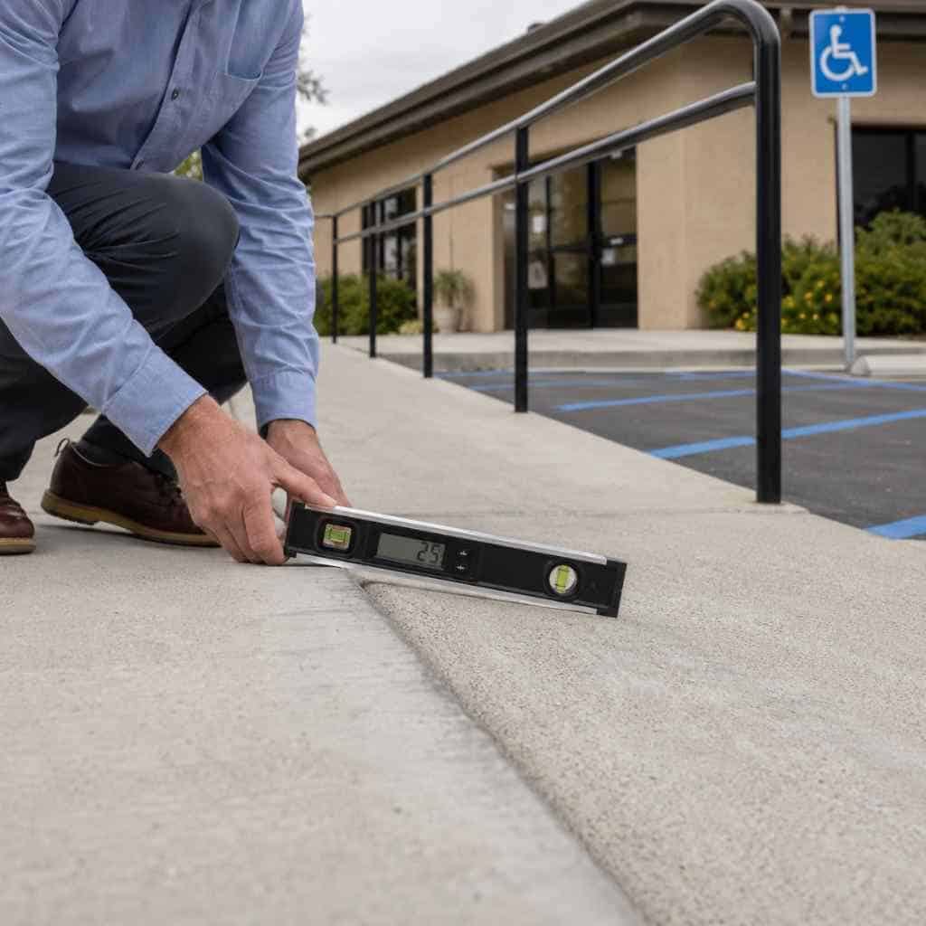Access specialist measuring concrete ramp slope with digital inclinometer at a commercial building entrance near accessible parking stalls