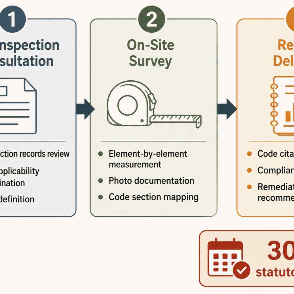 Process flow diagram showing three sequential CASp inspection phases from pre-inspection consultation through on-site survey to report delivery with 30-day statutory deadline
